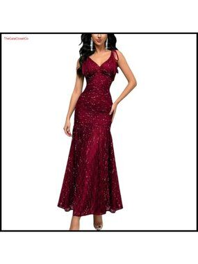 V Neck Ruched Bodycon Maxi Dress Glitter Sequins Mermaid Hem Formal Gown